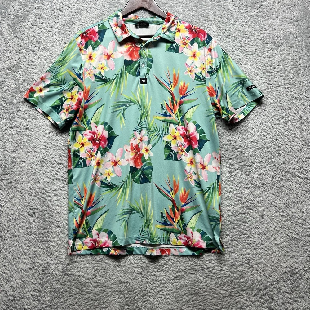 Bad‎ Birdie Polo Shirt Mens Large Blue Tropical Floral Hawaiian Golf Performance